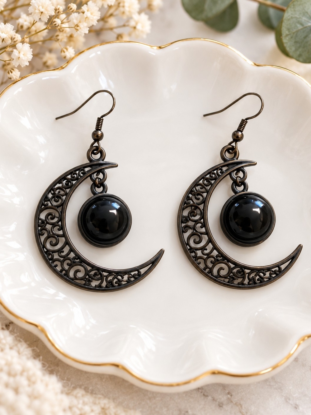 Black Crescent Moon Filigree Drop Dangle Earrings New